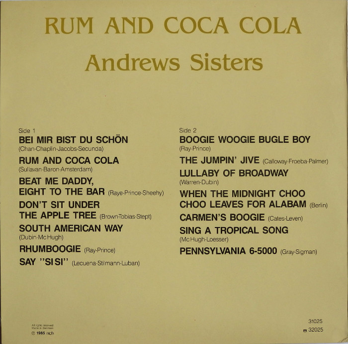 The Andrews Sisters  Rum And Coca Cola 1 : LP Back